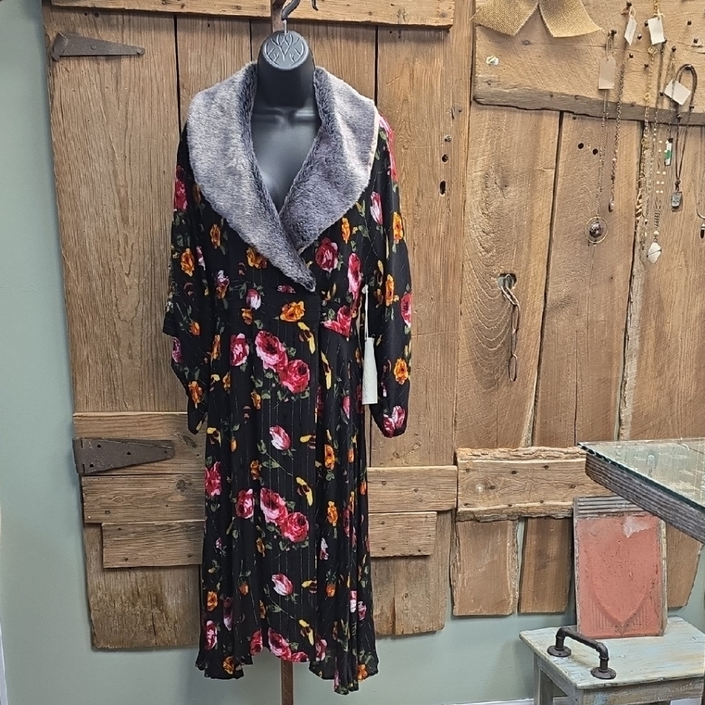 Aratta Black Floral Dress with Faux Fur Collar